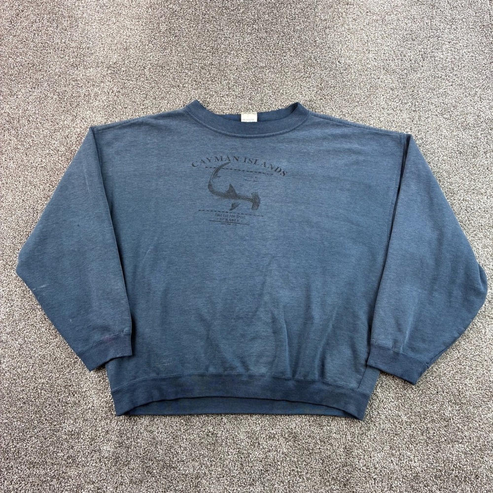 Vintage Hammerhead Shark Sweatshirt Mens Large Blue Cotton Cayman Islands Shark